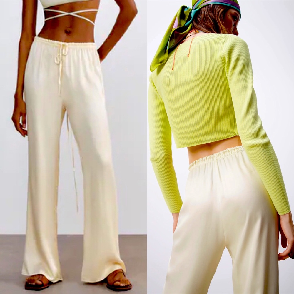 Zara SATIN High-waist trousers Pants FLARE LEG NEW